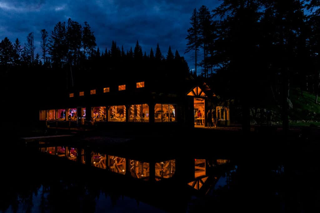 mohawk falls barn on lake at night