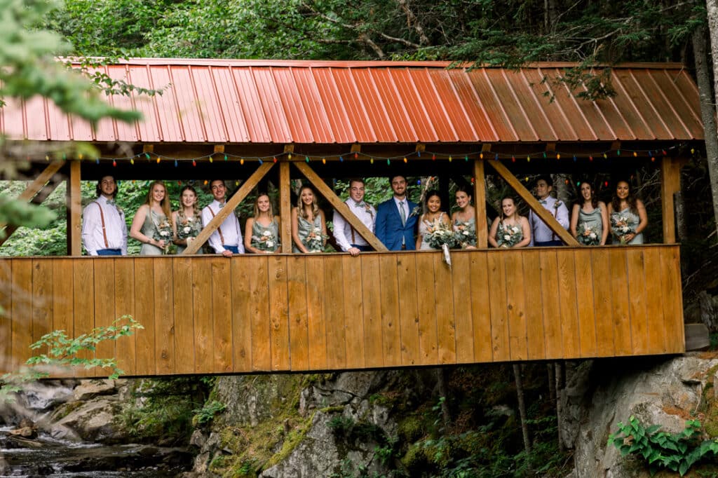 mohawk falls wedding party on covered bridge